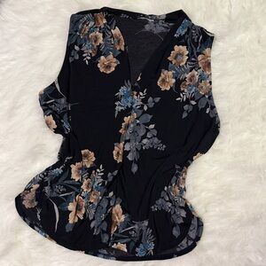 Floral Sleeveless Wrap Top - Black and Blue